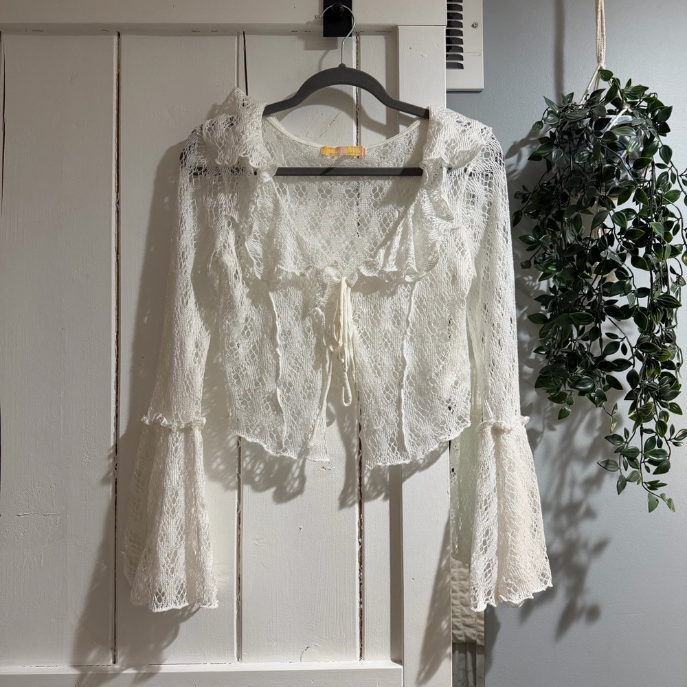 Urban Outfitters White Lace Tie-Front Blouse with Flared Sleeves